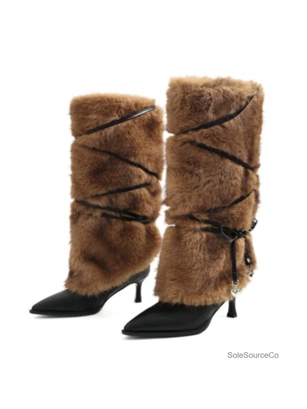 Faux Fur Mid Calf Boots Kitten Heel Pointed Toe